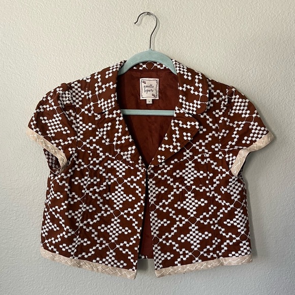 Vintage Nanette Lepore Brown White Atomic Embroidered Retro Jacket Women Size 6 - Picture 1 of 16